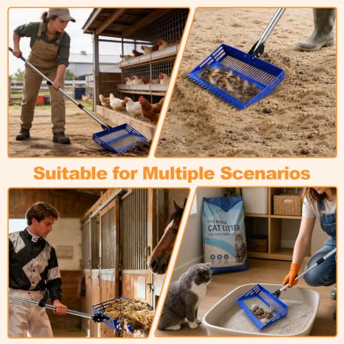 Chicken Poop Scooper Rake, 2-in-1 304 Stainless Steel 15 Inch Scoop | 35-63 Inch Adjustable Handle, Durable 304 Stainless Steel, Sand & Litter Sifting, Chicken Coop & Pet Waste Cleaning - color: blue