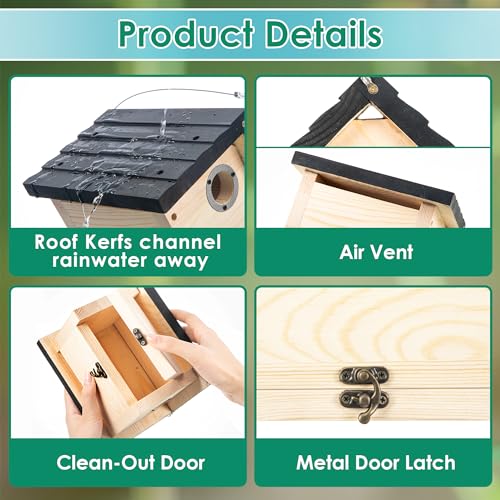 Dreyoo 1 Pack Wren House, 1-1/8'' Entrance Hole Hanging Wooden Wren Bird Houses for Outside with Metal Guard, Air Vents, Pine Wood for Chickadees (Black) - color: Black