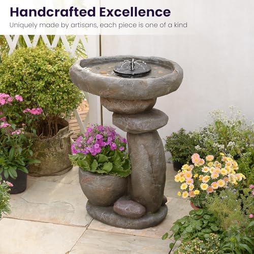 Solar Fountain for Bird Bath, Water Fountain Outdoor with Planter, Freestanding Rock Solar Waterfall with LED Lights for Garden, Patio, Yard - color: Gray-28 in