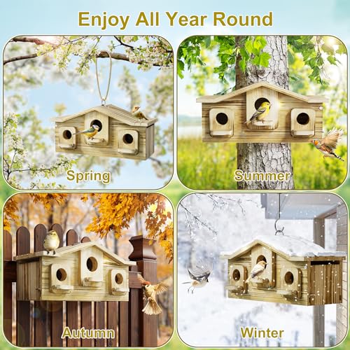 Auslar Bird House for Outside, 3 Hole Wooden Birdhouse for Outdoors Hanging | Bird Nesting Box for Bluebirds Cardinals Finches Wrens Swallows, Predator Guard, Perch & Hook, Garden Backyard Decor - style: Rectangular