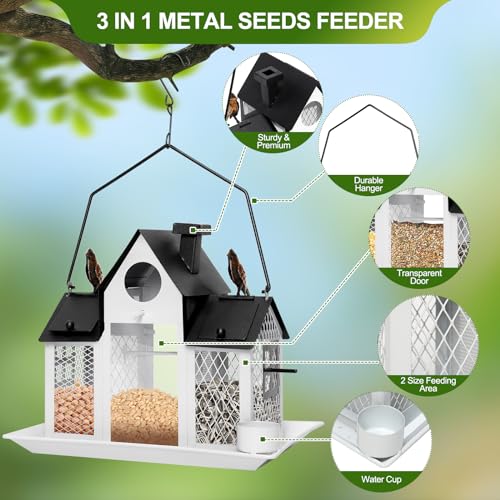 Solar Bird Feeders for Outdoors Hanging, Bird Houses for Outside | White,Wild Metal Bird Feeder,7LBS Large Capacity with Water Cup,Squirrel Proof Cardinal Bird feeder,Gift for Bird Lovers - color: White