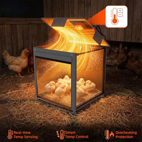 Brooder Box for Chicks, Upgrade Chicken Brooder Box with Adjustable Temp (77~95℉) & 9H Timer, Removable Feeder, Waterer, 10S Rapid Brooder Heating Plate, 200W Poultry Coop Heater Fits Ducks, Quails - color: Jet black