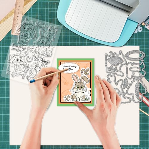 GLOBLELAND Easter Cartoon Rabbits Clear Stamps and Cutting Dies Set for Card Making Funny Bunny Silicone Transparent Stamp Easter Die Cuts for DIY Scrapbooking Embossing Photo Album - style: Cartoon Rabbits