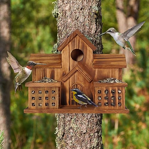 MIXUMON Bird Houses for Outside with Bird Feeder, Outdoor 3 Hole Bird House Room for 3 Bird Families Bluebird Finch Cardinals Hanging Birdhouse for Garden