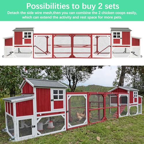 PetsCosset 95.3" Mobile Chicken Coop Tractor Hen House with Nesting Box,Backyard Chicken Coops Chicken House,2 Story Wooden Indoor Outdoor Poultry Cage for 3-5 Chicken with 6 Access,Pull-Out Tray(RED) - size: 95.3" L - Red