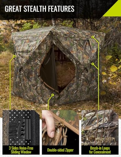 TIDEWE Hunting Blind for Deer, 270° See Through Ground Blind | Pop Up Design, Camo Hunting Tent, Silent Sliding Windows, Brush Loops, Metal Hub, Carry Bag Included