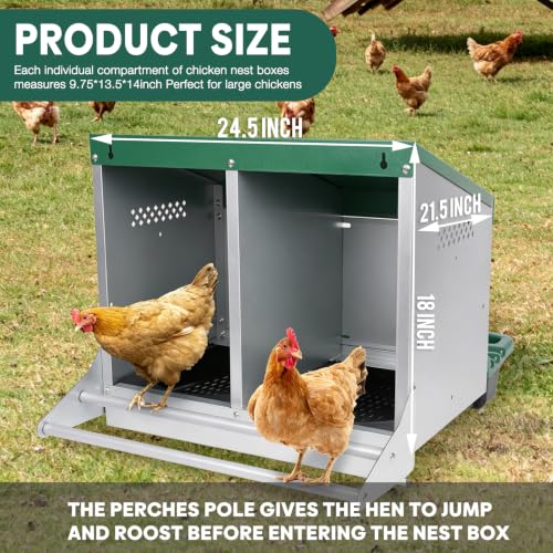 Chicken Nesting Box, 2 Holes Nesting Boxes, Heavy Duty Metal Laying Boxes, Roll Away Nesting Box Egg Collection Tray, with Roosting Pole for Chicken Coop(Green) - size: 22.0"L x 25.5"W x 18.5"H