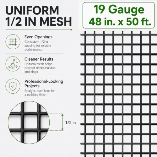 GoldPeak Black Hardware Cloth 1/2 inch Wire Mesh Roll 48 x 50 Ft 19 Gauge | Vinyl Coated Chicken Wire Fencing Chicken Fence Garden Fencing Tree Guard Hardware Mesh - size: 1/2 inch 48''x50'