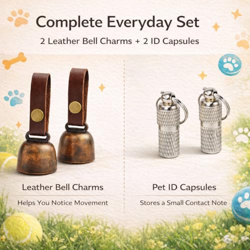kcrygogo Dog Collar Bell with Leather Snap Strap, 2 Pack Loud Pet Collar Bells for Dogs, Jingle Bell to Help Locate Your Dog, Includes 2 ID Capsule Tags, Vintage Copper Bell Collar Accessory