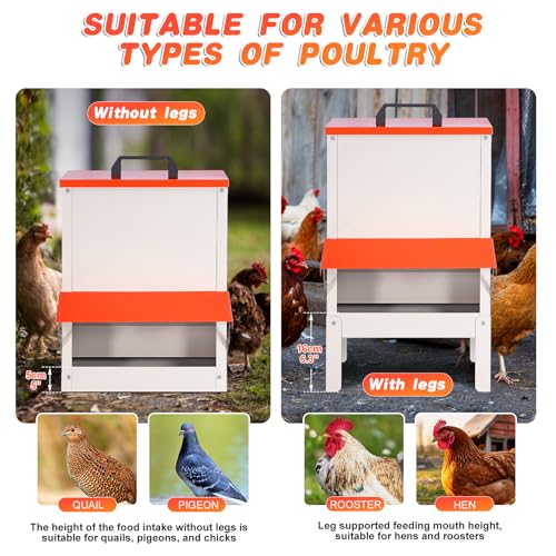 35lb Automatic Chicken Feeder Metal Ducks Poultry Feeder no Waste Large Hanging Chicken Feeders Trough with Leg for Chickens Coop Quail Outside Galvanized Waterproof Chicken Feeder