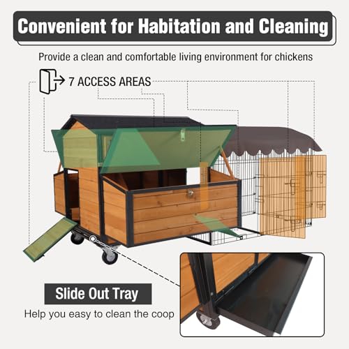 Portable Chicken Coop with All-Around Metal Frame & Super Large Wheels, 76.7" L Hen House with Metal Run, Mobile Poultry Cage with 6 Nesting Boxes for 6-8 Chickens