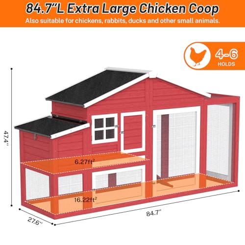 84.7''L Chicken Coop, Large Poultry Cage for 4-6 Chickens, Outdoor Hen House Design with Nesting Box, Weatherproof Roof and Leakproof Pull-on Tray, Easy to Install＆Clean(Red) - color: Red