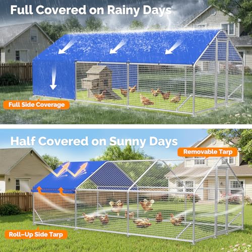 Large Metal Chicken Coop with Galvanized Hardware Cloth, Chicken Coop Run Pen for Yard with Waterproof Cover, Outdoor Large Walk-in Chicken Coops for 30 Chickens Duck Pen House Cage Run - size: 212.6"L x 106.3"W x 76.8"H