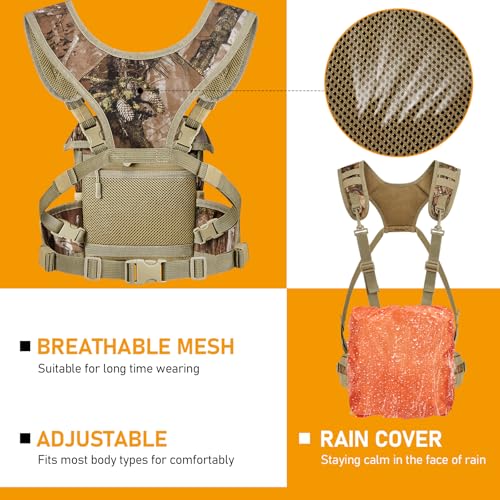 NEW VIEW Silent Binocular Harness Chest Pack, Hunting Bino Case with Dual MOLLE Straps, Binocular Harness with Detachable Chest Strap Rangefinder Pouch Rain Cover for Saddle Hunting Bird Watching - style: Removable