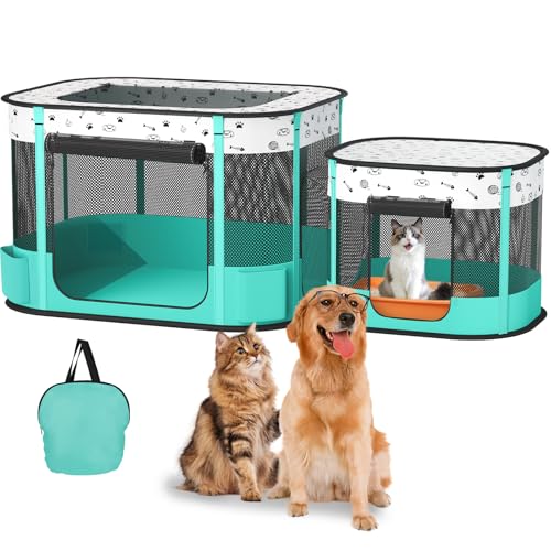 Portable Cat Playpen, Foldable Pet Dog Playpen, for Kitten Puppy Play Pen Indoor/Outdoor, Cats Enclosure Cages Tent with Carrying Case, 600D Oxford 8-Rods, 32"x24"x22" - color: Green