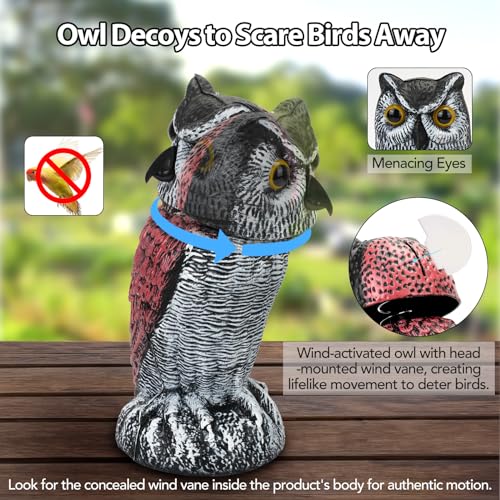 3-Pack Fake Owl Decoys to Scare Birds Away, Rotating Head Plastic Owl Bird Deterrents, Nature Enemy Scarecrow Plastic Statues, Pest Repellent for Gardens and Patios