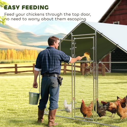 PawHut Metal Chicken Coop with Feeding Door for 24-30 Hens 26'x10'x6.4' | Large Chicken Run Hen House, Waterproof Cover, Hanging Feeder, Perch, Poultry Cage, Outdoor Backyard Farm - size: 315.0"L x 118.1"W x 76.8"H