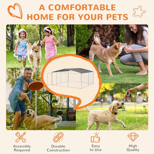 PawHut Outdoor Dog Kennel Heavy Duty Fence for Large Breeds 15' x 15' x 7' | Dog Run Outdoor Fence, Waterproof Cover, Galvanized Chain Link, Secure Lock, for Chickens, Ducks - size: 181.0"L x 181.0"W x 91.3"H