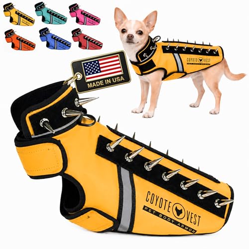 CoyoteVest SpikeVest Dog Harness, Made in the USA, XXS-Yellow | Stab-Resistant Protective Vest | Coyote Vest for Dogs | Defends Against Coyotes, Dogs, Birds of Prey | Reflective Safety - color: Yellow, size: XX-Small
