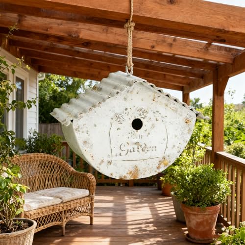 Vintage - Style Decorative Birdhouse, Rustic Metal Bird House with My Garden Distressed Finish, Hanging Bird Home for Garden and Outdoor Decor (White - Garden) - color: White - Garden