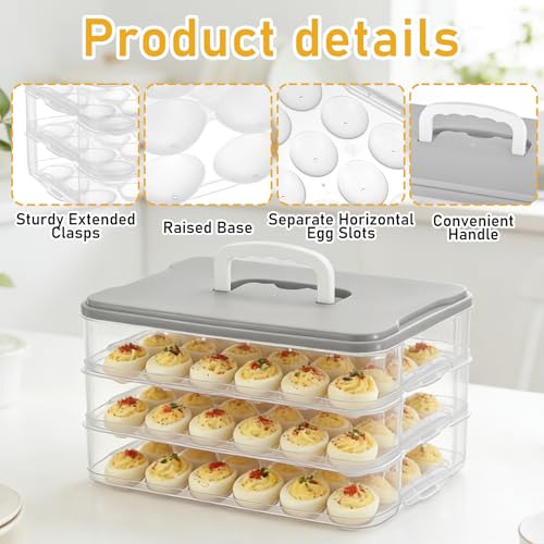 3-Layer Deviled Egg Container with Lid and Handle, Clear Plastic Deviled Egg Carrier Storage 72 Eggs, Portable Stackable Eggs Holder Platter for Easter, Thanksgiving Day, Party, Picnic