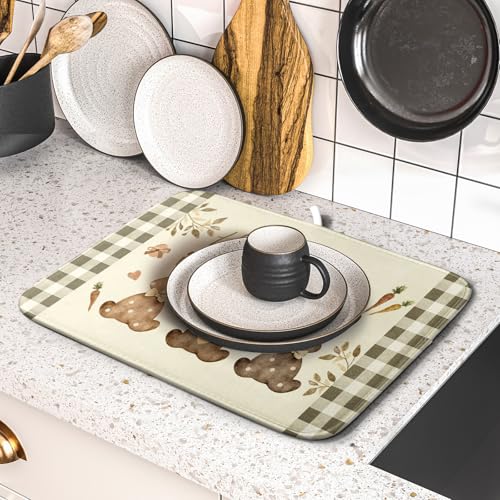 Giwawa Happy Easter Dish Drying Mat for Countertop, 16"x18" Cute Bunny Rabbits Eggs Carrot Dish Drainer Mats, Bufflao Plaids Fast Dry Microfiber Large Dish Drying Pad Kitchen Accessories Decor - size: 18" x 16"