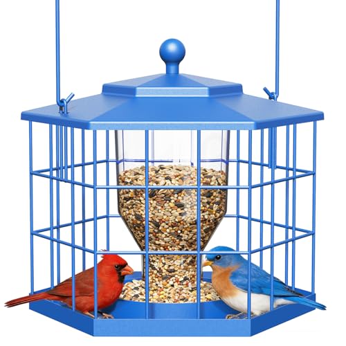 Birdream Squirrel Proof Bird Feeders for Outdoor Hanging, Metal Cage Bird Feeder with Rain Proof Covered for Wildbirds Bluebird Finches, Blue