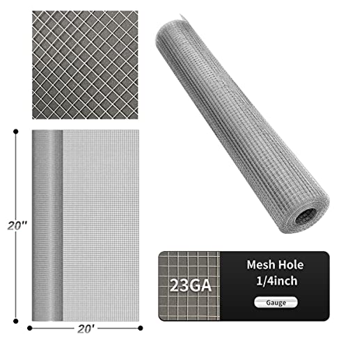 Hardware Cloth 20'' x 20' 1/4 in Galvanized Wire Mesh Roll (23 GA) Chicken Wire Fence Roll for Chicken Pen/coop Fences, Screen mesh, Rabbit/Snake Fences, Poultry enclosures, Handicraft Making, etc. - size: 20In x 20Ft