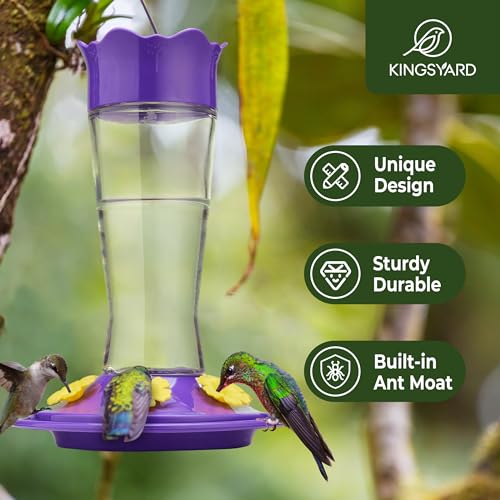 Kingsyard Glass Hummingbird Feeder for Outdoors Hanging, 14 oz Leak-Proof Humming Bird Feeders with Ant Moat & Bee Proof Feeding Ports, Hummingbird Gift for Bird Lovers (Updated Purple) - color: Light Purple