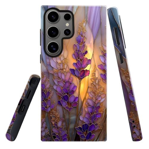 Compatible with Samsung Galaxy S23 Ultra Case,Glossy Case All-Round Protection Shockproof Anti-Scratches TPU Cover,Cases for Man Woman-Stained Glass Lavender in Bloom - color: Stained Glass Lavender in Bloom, size: Galaxy S23 Ultra