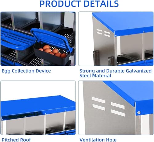 8-Hole Chicken Nesting Box with Removable Lid, Metal Chicken Coops with Roll Away Design/Easy Egg Collection/Ventilation Holes, for Chickens Coops, Duck and Hens - color: Blue, size: 8 holes without legs