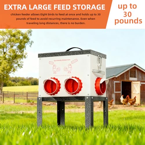 Automatic Chicken Feeder No Waste 35 Pounds 6 Ports Metal Poultry Feeder with Latch & Handle Adjustable Height Heavy-Duty Stand - Outdoor Feeding Station for Chickens, Ducks & Geese