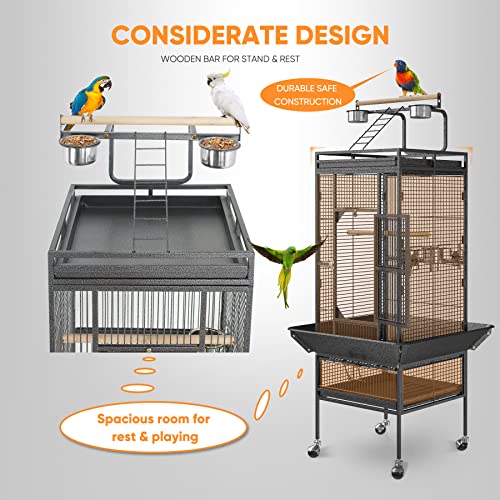 61 inch Iron Bird Cage, Play Top Parrot Cage with Rolling Stand for Parrot Cockatiels Parakeet Cage Macaw Finch Cockatoo Perch Pet House, Black - size: 25.6"L x 25.6"W x 61.0"H