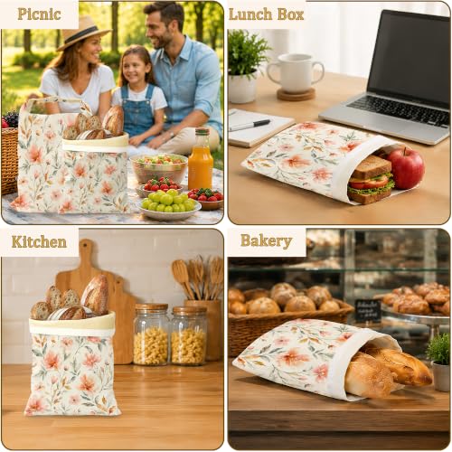 2 Pack Beeswax Linen Peach Blossom Bread Bags, Watercolor Floral Reusable Fresh Keeping Bags for Sourdough & Baguette, Freezable Portable Bread Storage Container 17×13'' - color: Peach Blossom