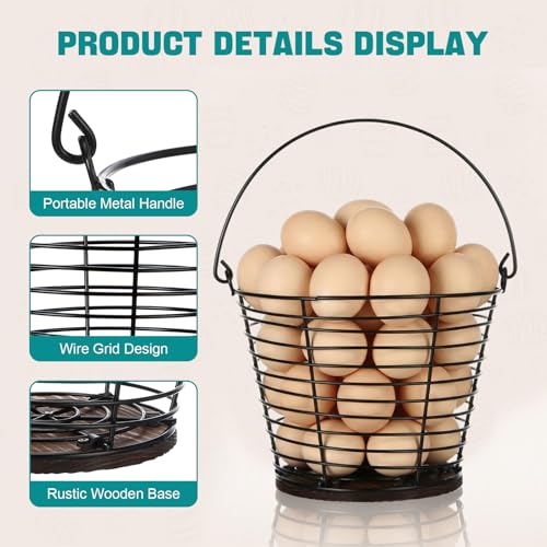 LemonRoad 2 Pack Egg Baskets with Wooden Base and Handle, 7.7 Inch Large Egg Gathering Basket for Count, Farm Eggs Collecting Basket Eggs Storage Holder for Kitchen Farm Countertop (holds 40)