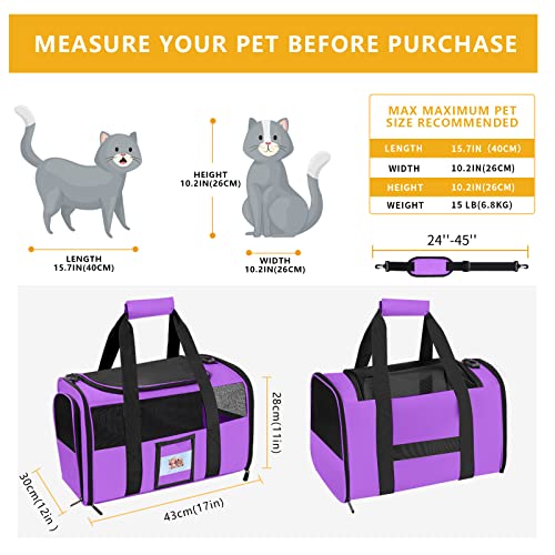 17" Airline Approved Cat Carrier for Cats up to 15lbs, Purple | TSA compliant fits under seat, soft-sided lightweight, 4-side breathable mesh,collapsible food bowl for travel - color: Purple