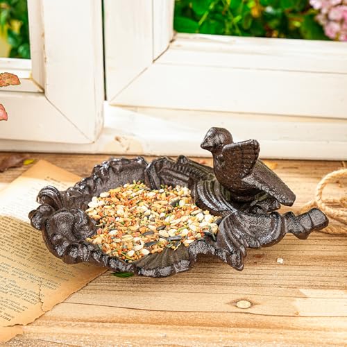 Sungmor Cast Iron Bird Feeder Dish, Rustic Brown Small Bird Feeding Tray | Decorative Leaf-Shaped Outdoor Bath Bowl Food Container for Garden, Patio or Yard - color: Antique Brown