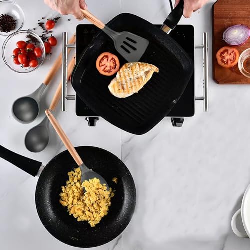 Non-Stick Silicone Cooking Utensils Set, 5 Pcs with Wooden Handle, Heat Resistant Silicone Kitchen Gadgets (Gray) - color: 5 PCS Set Grey