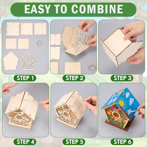 DoubleFill 24 Pack Wooden Bird Houses Painting Craft Kit Unfinished DIY Wood Birdhouses to Build and Paint for Summer Arts and Craft Projects Class Parties Birthday Party Favors
