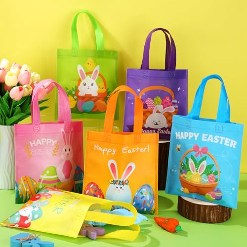Sweetude 180 Pcs Easter Tote Bags Bulk Easter Gift Treat Bags with Handles Reusable Non Woven Bunny Rabbit Egg Goodie Party Favor Packages for Party Supplies