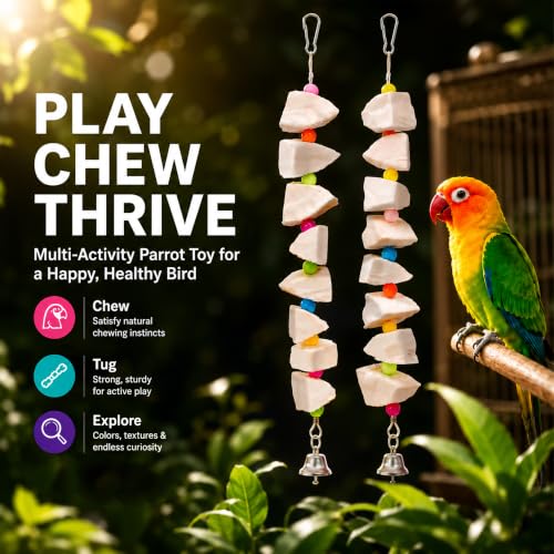 2 Pack Bird Toys with Cuttlebone & Beak Grinding Stone–Cage Accessories for Parakeets, Budgies, Cockatiels, Lovebirds, Green Cheeks & Small to Medium Birds