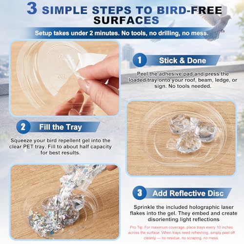 Qinyoung 100 Pack Bird Repellent Gel Trays (Gel Not Included) Clear PET Plastic Dishes with Holographic Reflectors for Outdoor Bird Deterrent, No Mess Application for Roof, Ledges, Beams, Signs