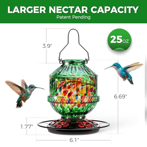 Hand Blown Glass Hummingbird Feeders for Outdoors, 25 Ounces Wild Bird Nectar Feeder with Perch & 5 Flower Feeding Ports Leak Proof Hanging for Garden Backyard Decor, Gifts for Women Mom, Green - color: Phoenix Green