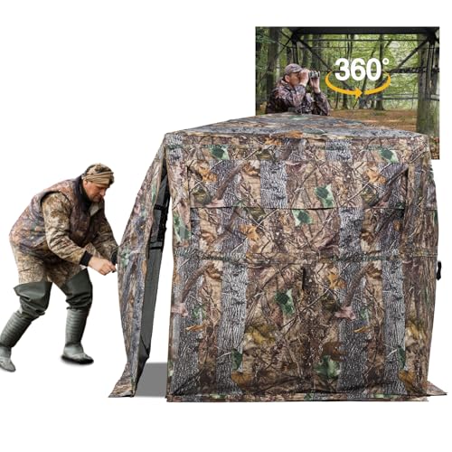 Hunting Blind 270/360 See Through Deer Blind, Pop Up Ground Blind | 2/3/4 Person Camouflage Tent, Portable Concealed Shelter with Carrying Bag, Silent Sliding Windows, Windproof Bottom Layer - size: 3-4 Person, style: 360