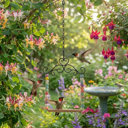 Hummingbird Swing & Perch for Outdoor – Rust-Resistant Metal Bird Perch with Colorful Beads, Easy Hanging Garden Accent Near Feeder, Bird Bath & Hummingbird House (1 PCS) - color: 1 PCS