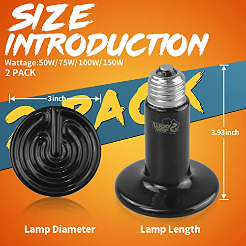 LUCKY HERP 75W Ceramic Heat Emitter, Reptile Heat Bulbs, Ceramic Heat Lamp for Reptiles, Amphibian, Chicken, Dog, Cat (2-Pack) - size: 75