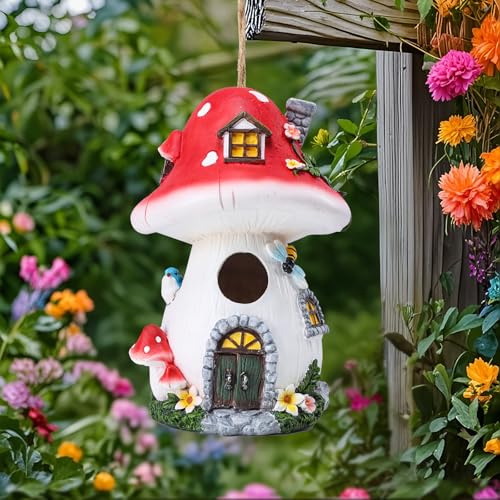 Yinns Bird House for Outside, Decorative Resin Bird Houses for Garden Decor | Birdhouses, Decorative Mushroom Bird Houses for Outdoor Hummingbird, Bluebird, Cardinal Garden Yard Decor - color: Red Mushroom Resin