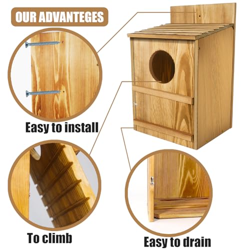 Owl House,Wooden Owl Box,Owl Houses for Outdoors, Suitable for Screech Owl Nesting Box and Kestrels, Easy Assembly with Circular Opening, Includes Mounting Screws and Wood Shavings