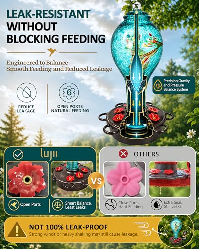 LUJII Smart Hummingbird Feeder with Camera for Outdoor Hanging, Hand Blown Glass, Solar WiFi Feeder with Live View App, 6 Feeding Ports, Leak-Resistant Design, Ant Moat & Gift Box, 36 fl oz, Teal - color: Blue, size: X-Large