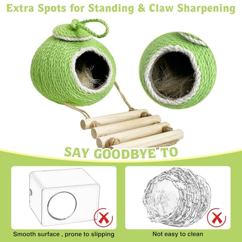 Tfwadmx Coconut Hide with Ladder, Natural Coconut Fiber Hanging Birdhouse Cage, Handmade Sisal Rope & Coconut Bird Shell Breeding Nest for Parrot Parakeet Lovebird Finch Canary (2 Pcs Green)